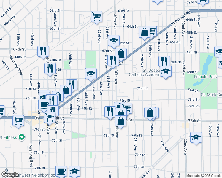map of restaurants, bars, coffee shops, grocery stores, and more near 7001 70th Street in Kenosha