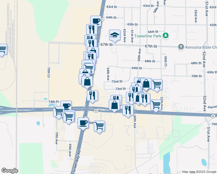map of restaurants, bars, coffee shops, grocery stores, and more near 6310 72nd Street in Kenosha