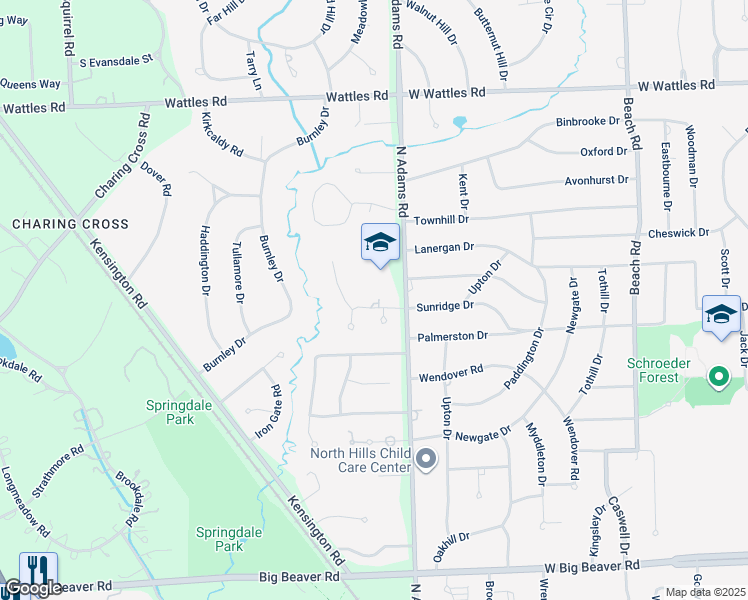 map of restaurants, bars, coffee shops, grocery stores, and more near 3595 North Adams Road in Bloomfield Hills