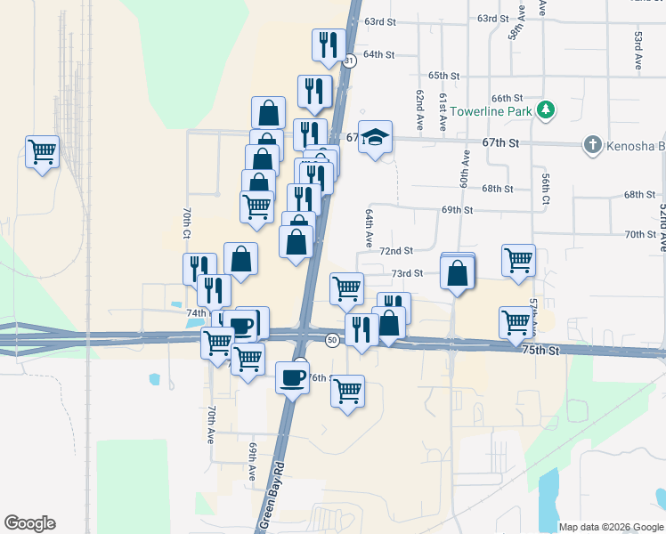 map of restaurants, bars, coffee shops, grocery stores, and more near 7201 Green Bay Road in Kenosha