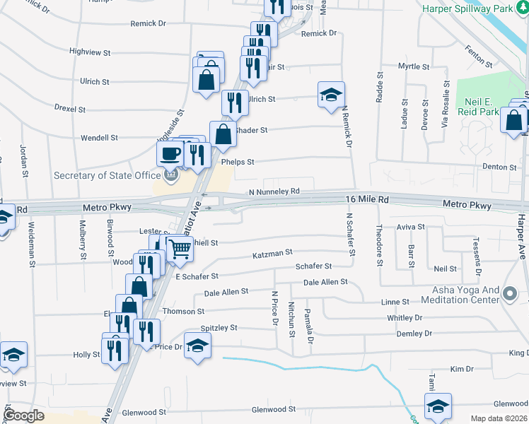 map of restaurants, bars, coffee shops, grocery stores, and more near 22770 South Nunneley Road in Clinton Township