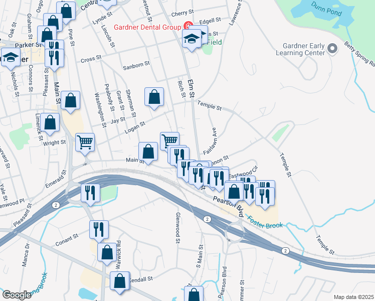 map of restaurants, bars, coffee shops, grocery stores, and more near 446 Chestnut Street in Gardner
