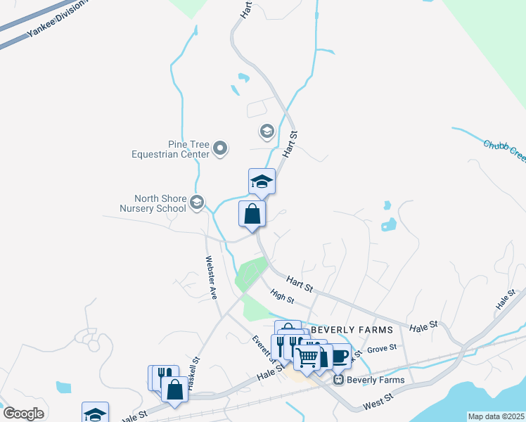 map of restaurants, bars, coffee shops, grocery stores, and more near 74 Hart Street in Beverly