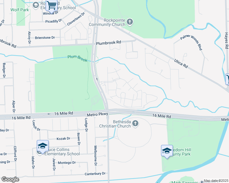 map of restaurants, bars, coffee shops, grocery stores, and more near 13818 Bonington Drive in Sterling Heights