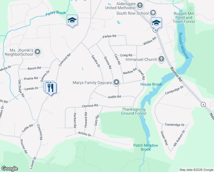 map of restaurants, bars, coffee shops, grocery stores, and more near 23 Donna Road in Chelmsford