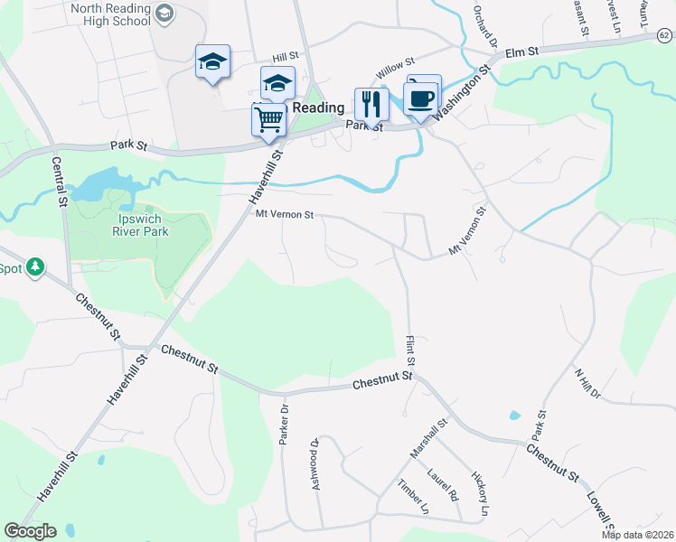 map of restaurants, bars, coffee shops, grocery stores, and more near 50 Mount Vernon Street in North Reading
