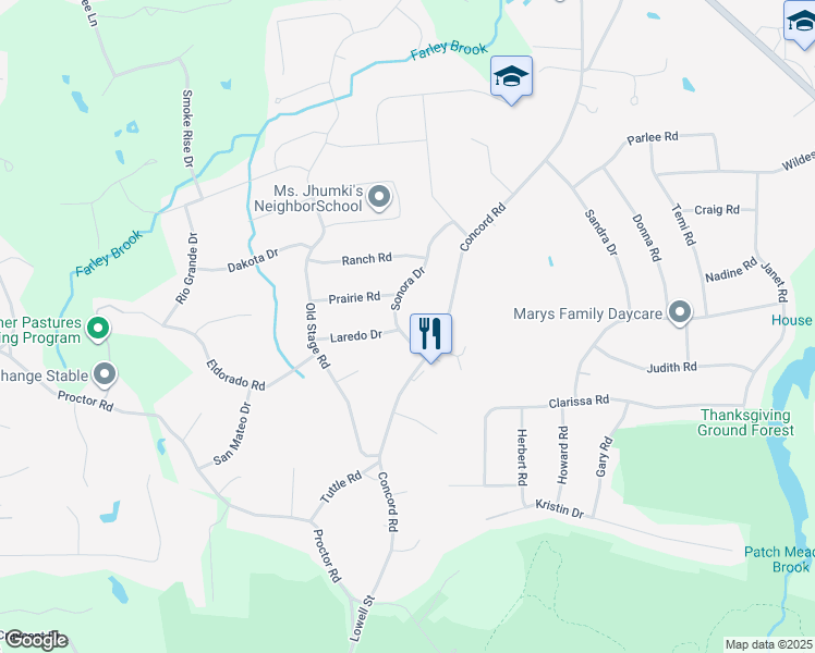 map of restaurants, bars, coffee shops, grocery stores, and more near 5 Sonora Drive in Chelmsford