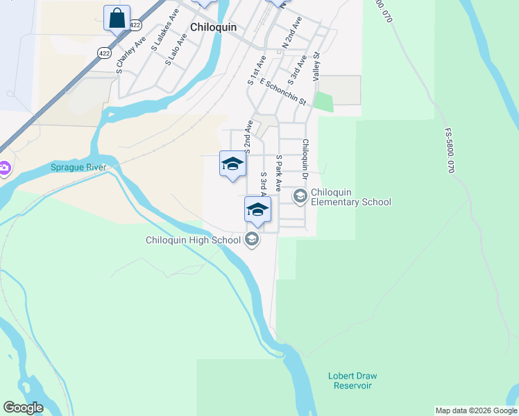 map of restaurants, bars, coffee shops, grocery stores, and more near 612 South 3rd Avenue in Chiloquin