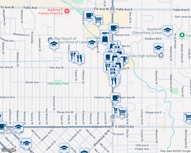 map of restaurants, bars, coffee shops, grocery stores, and more near 478 Pierce Street in Twin Falls