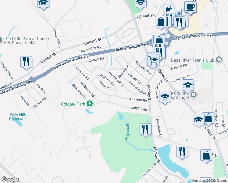 map of restaurants, bars, coffee shops, grocery stores, and more near 9 Andover Road in Beverly