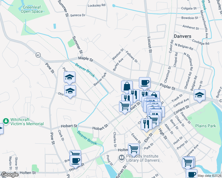 map of restaurants, bars, coffee shops, grocery stores, and more near in Danvers