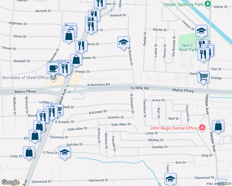 map of restaurants, bars, coffee shops, grocery stores, and more near 23020 South Nunneley Road in Clinton Township