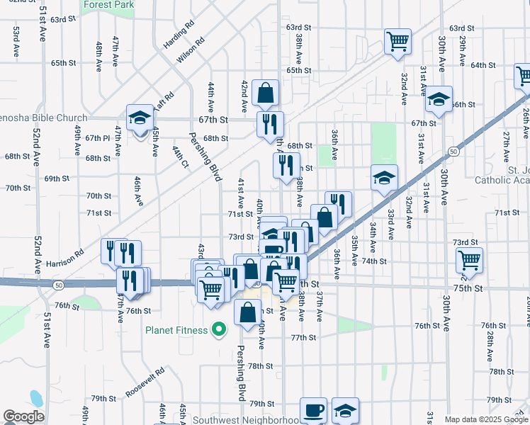map of restaurants, bars, coffee shops, grocery stores, and more near 7005 40th Avenue in Kenosha