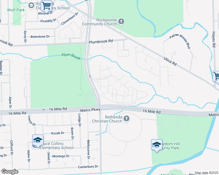 map of restaurants, bars, coffee shops, grocery stores, and more near 37098 Camelot Drive in Sterling Heights
