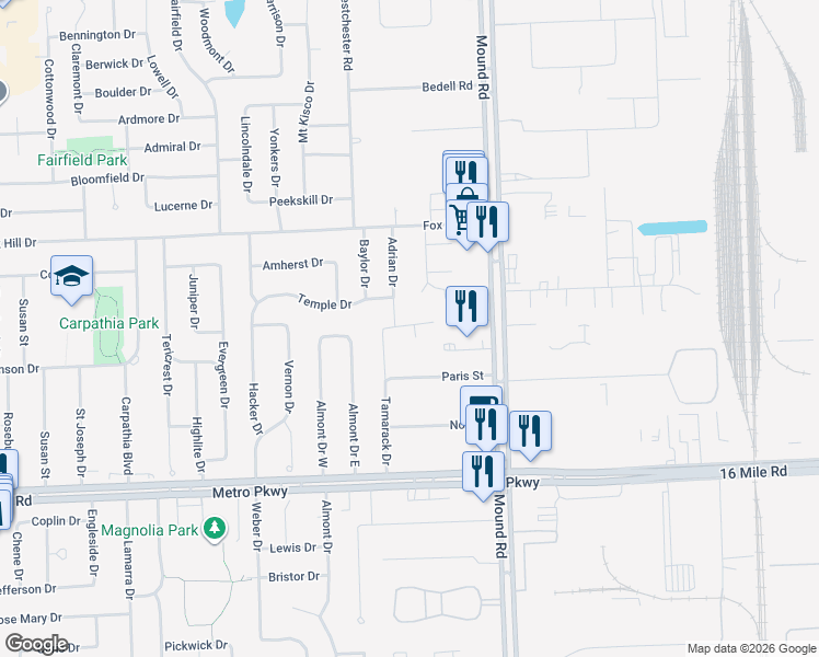map of restaurants, bars, coffee shops, grocery stores, and more near 37584 Adrian Drive in Sterling Heights