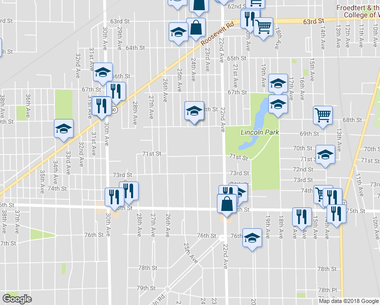 map of restaurants, bars, coffee shops, grocery stores, and more near 2414 71st Street in Kenosha