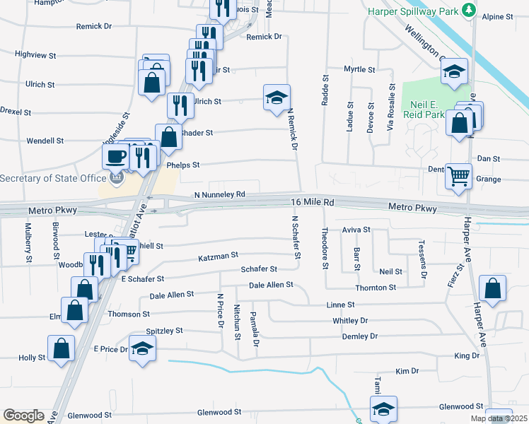 map of restaurants, bars, coffee shops, grocery stores, and more near 23020 South Nunneley Road in Clinton Township