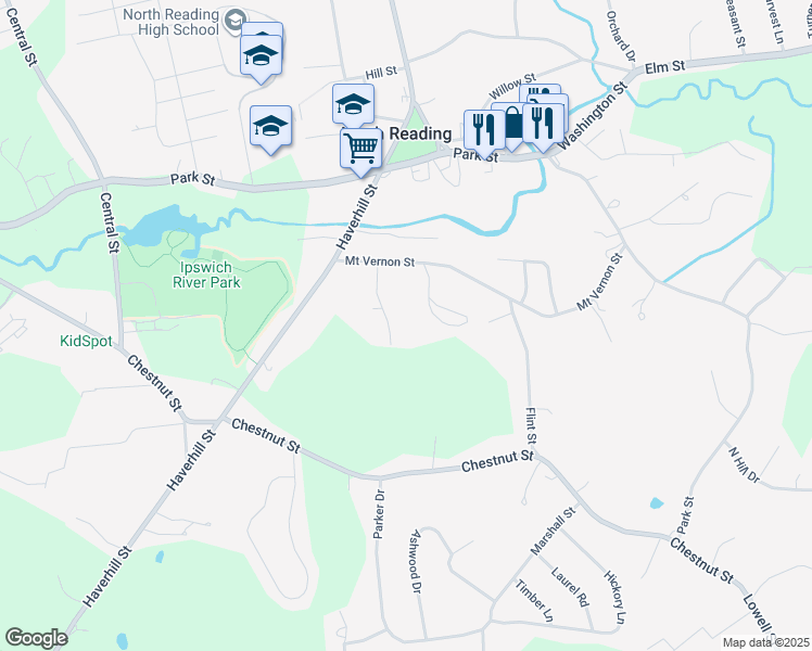 map of restaurants, bars, coffee shops, grocery stores, and more near 5 Parsonage Lane in North Reading