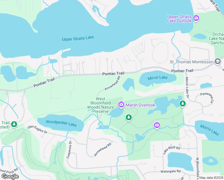 map of restaurants, bars, coffee shops, grocery stores, and more near 4545 Arrowhead Road in West Bloomfield Township