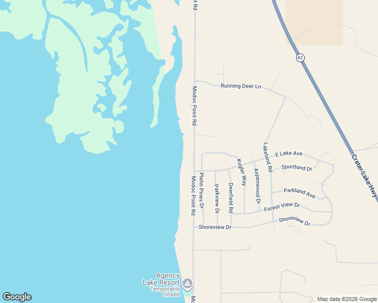 map of restaurants, bars, coffee shops, grocery stores, and more near 38038 Modoc Point Road in Chiloquin