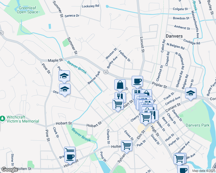 map of restaurants, bars, coffee shops, grocery stores, and more near 15 Lafayette Avenue in Danvers