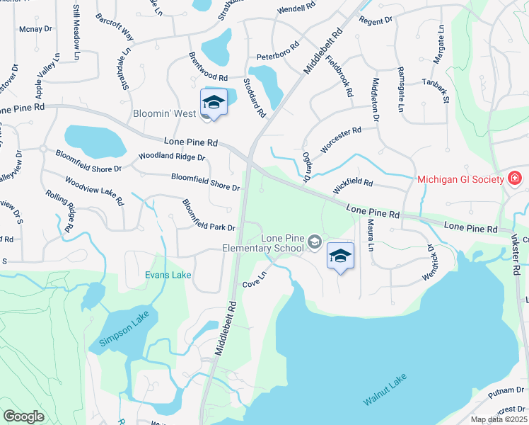 map of restaurants, bars, coffee shops, grocery stores, and more near 4641 Cove Road in West Bloomfield Township