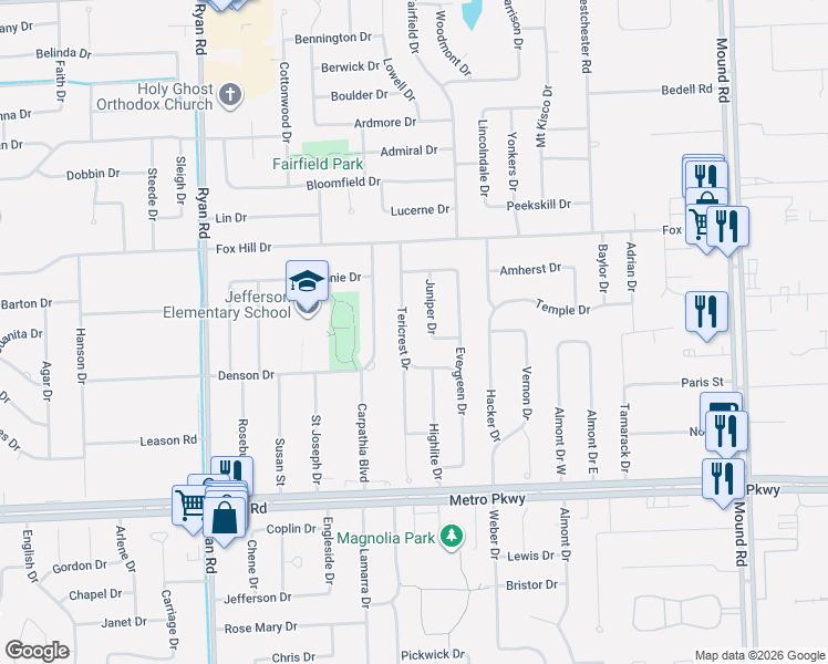 map of restaurants, bars, coffee shops, grocery stores, and more near 37657 Tericrest Drive in Sterling Heights