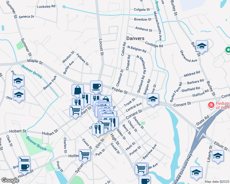 map of restaurants, bars, coffee shops, grocery stores, and more near 42 Poplar Street in Danvers