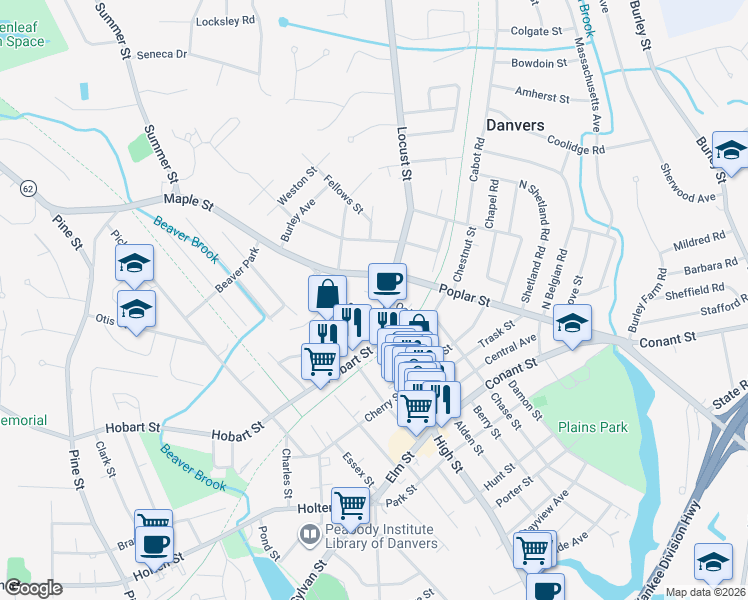 map of restaurants, bars, coffee shops, grocery stores, and more near 19 Poplar Street in Danvers