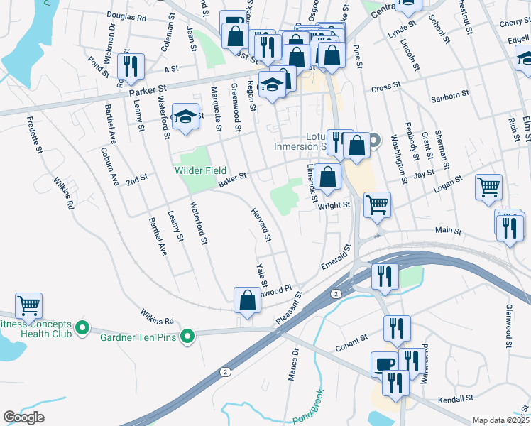 map of restaurants, bars, coffee shops, grocery stores, and more near 180 Greenwood Street in Gardner