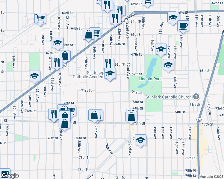 map of restaurants, bars, coffee shops, grocery stores, and more near 2414 71st Street in Kenosha