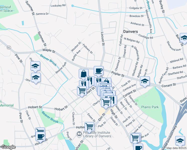 map of restaurants, bars, coffee shops, grocery stores, and more near 19 Poplar Street in Danvers