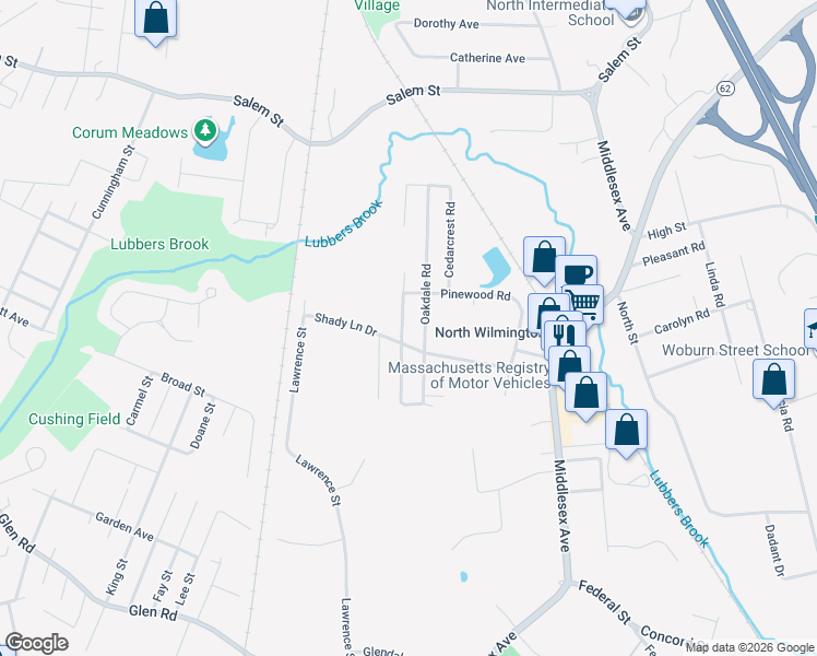 map of restaurants, bars, coffee shops, grocery stores, and more near 17 Birchwood Road in Wilmington