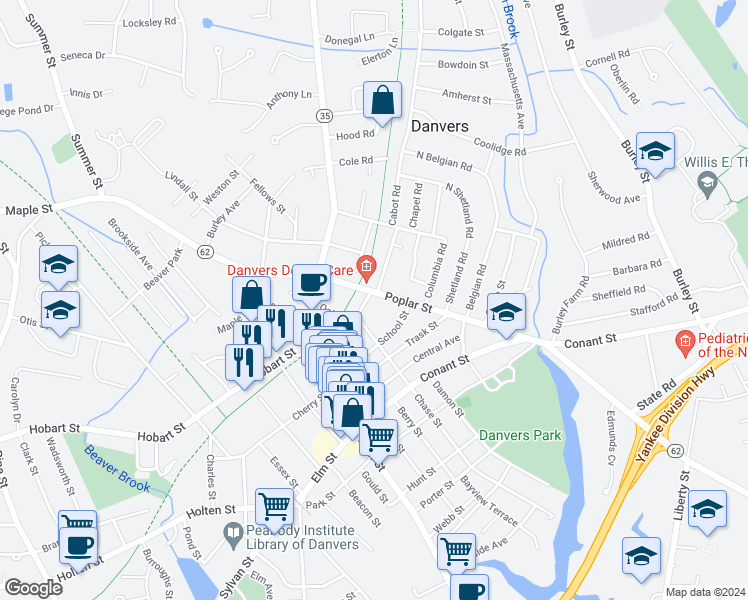 map of restaurants, bars, coffee shops, grocery stores, and more near 43 Poplar Street in Danvers