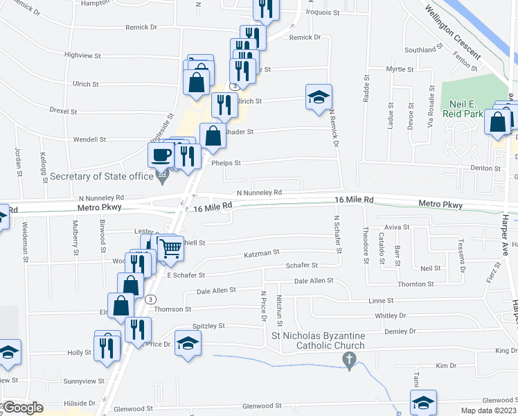 map of restaurants, bars, coffee shops, grocery stores, and more near 22770 South Nunneley Road in Clinton Township