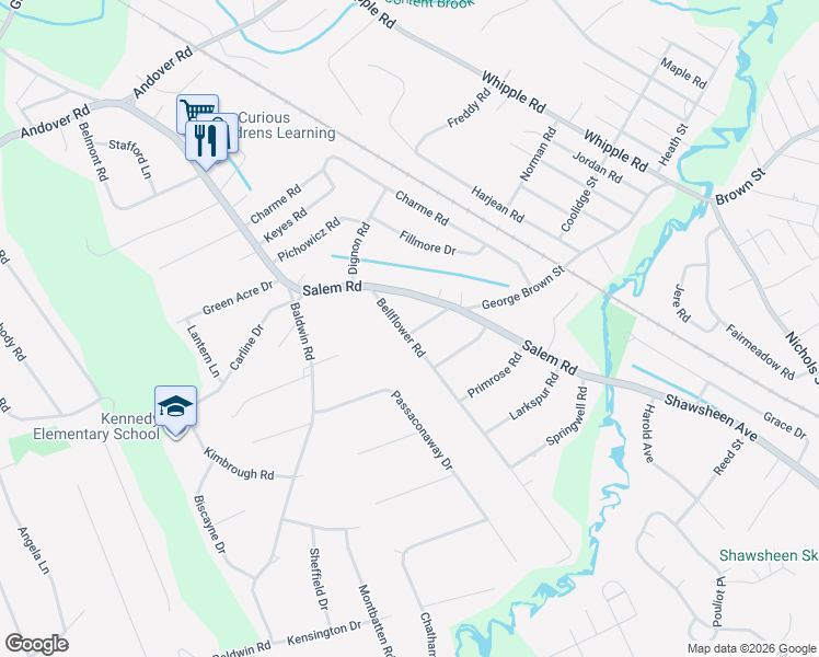 map of restaurants, bars, coffee shops, grocery stores, and more near 16 Bellflower Road in Billerica