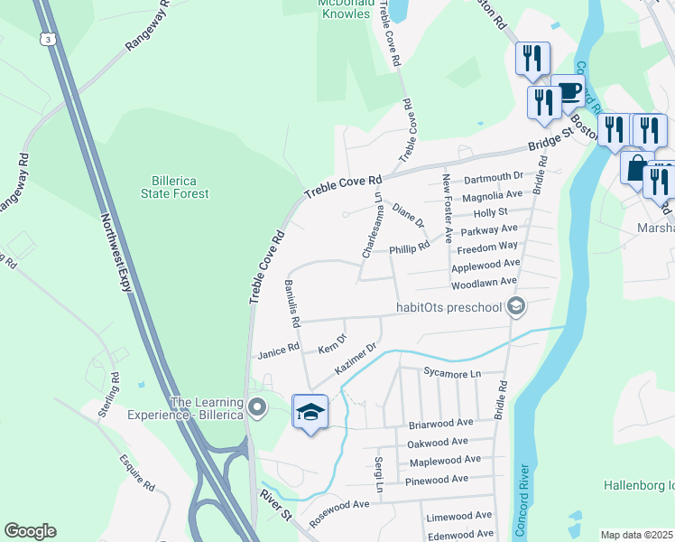 map of restaurants, bars, coffee shops, grocery stores, and more near 7 Baniulis Road in Billerica