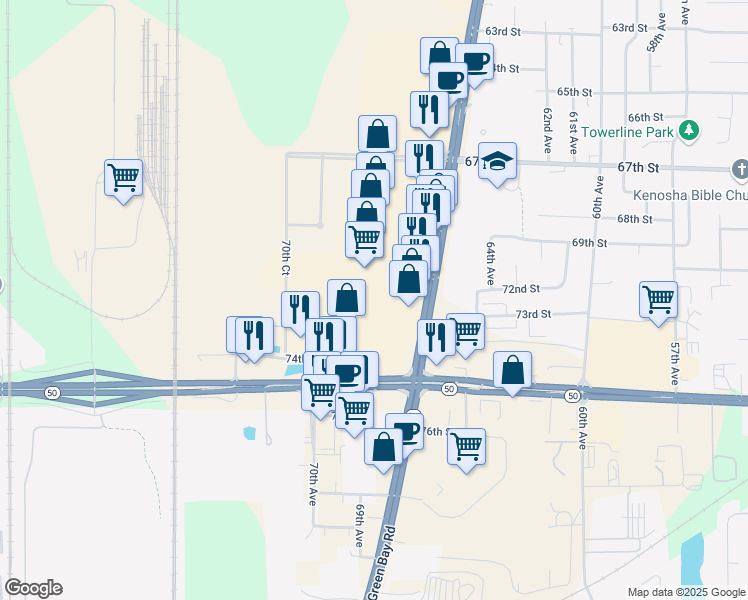 map of restaurants, bars, coffee shops, grocery stores, and more near 7200 Green Bay Road in Kenosha