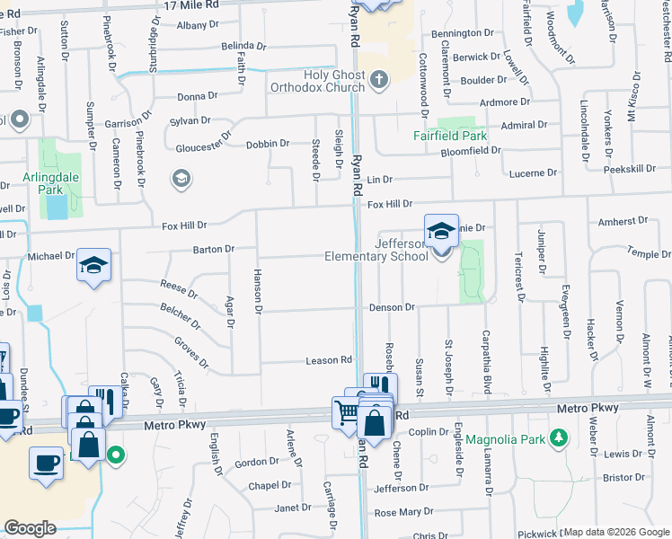 map of restaurants, bars, coffee shops, grocery stores, and more near 3581 Devonshire Street in Sterling Heights