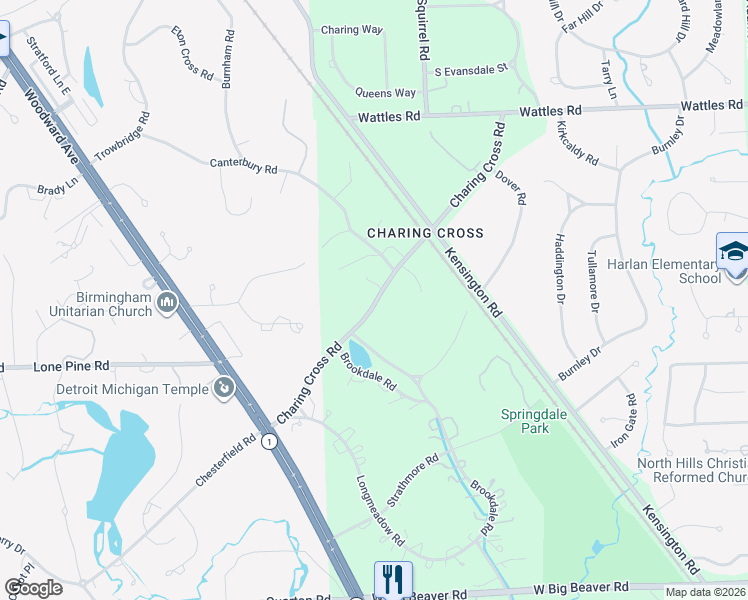 map of restaurants, bars, coffee shops, grocery stores, and more near 4850 Charing Cross Road in Bloomfield Hills