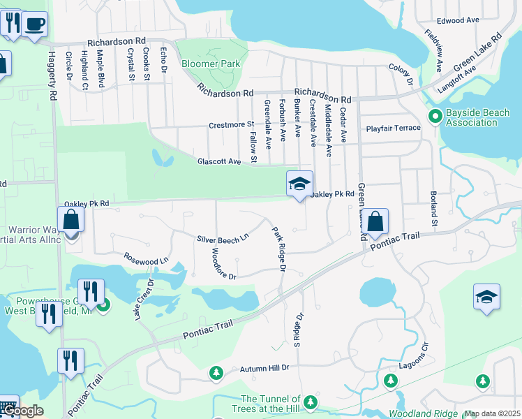 map of restaurants, bars, coffee shops, grocery stores, and more near 5235 Park Ridge Court in West Bloomfield Township