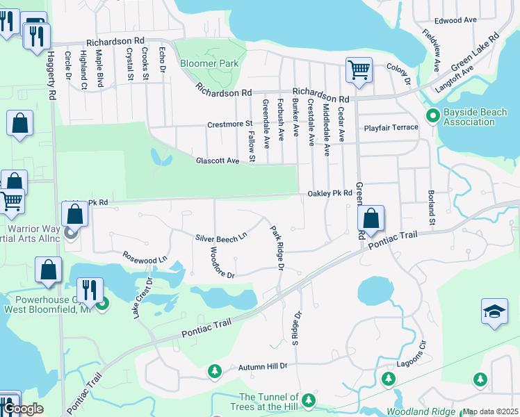map of restaurants, bars, coffee shops, grocery stores, and more near 5235 Park Ridge Court in Oakland County