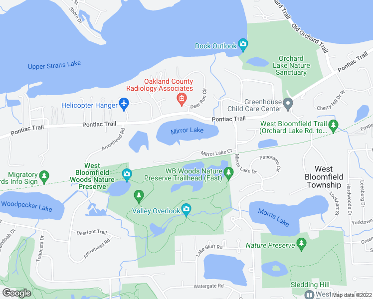 map of restaurants, bars, coffee shops, grocery stores, and more near 5152 Mirror Lake Court in West Bloomfield Township
