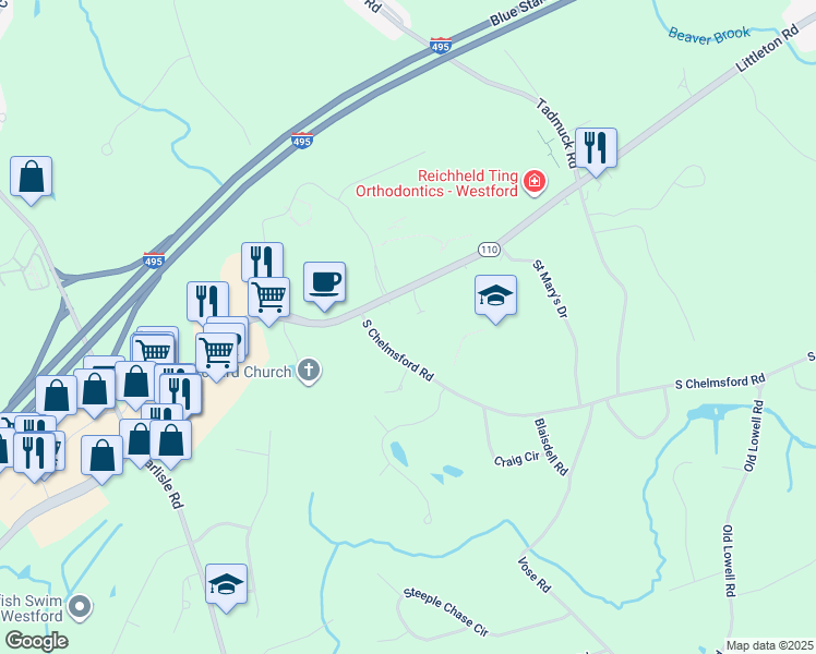 map of restaurants, bars, coffee shops, grocery stores, and more near 108 Massachusetts 110 in Westford