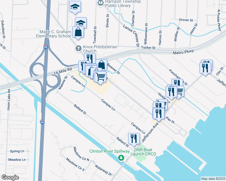 map of restaurants, bars, coffee shops, grocery stores, and more near 26450 Crocker Boulevard in Harrison Township