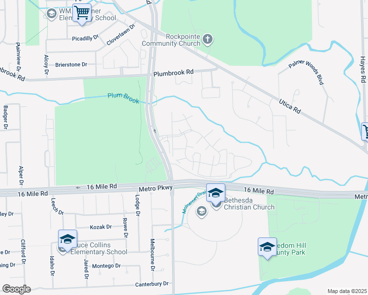 map of restaurants, bars, coffee shops, grocery stores, and more near 37118 Camelot Drive in Sterling Heights