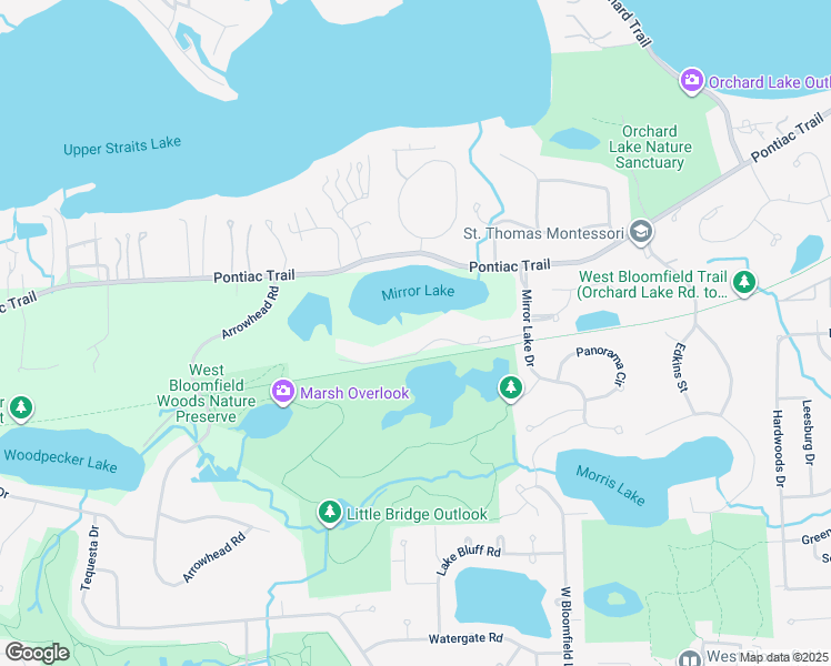 map of restaurants, bars, coffee shops, grocery stores, and more near 5152 Mirror Lake Court in West Bloomfield Township