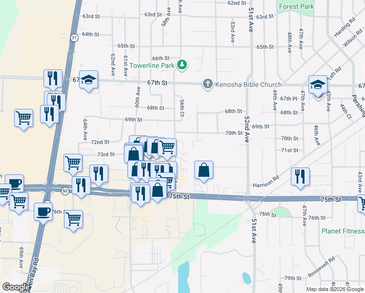 map of restaurants, bars, coffee shops, grocery stores, and more near 5631 70th Street in Kenosha