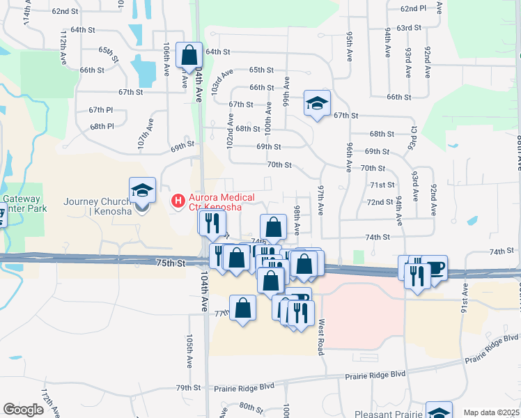 map of restaurants, bars, coffee shops, grocery stores, and more near 7111 104th Avenue in Kenosha