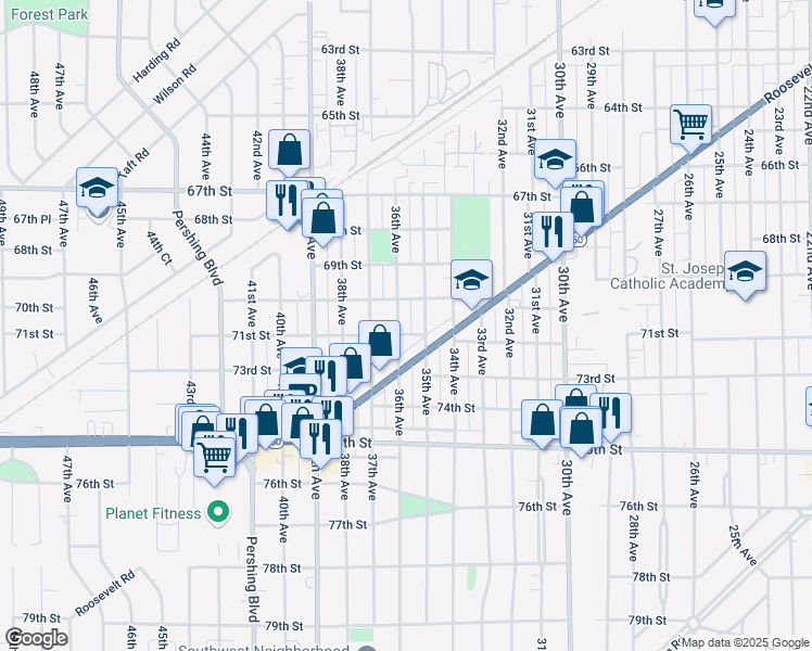 map of restaurants, bars, coffee shops, grocery stores, and more near 7010 36th Avenue in Kenosha